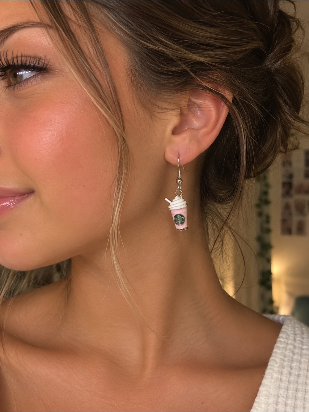 Pink drink coffee dangle earrings